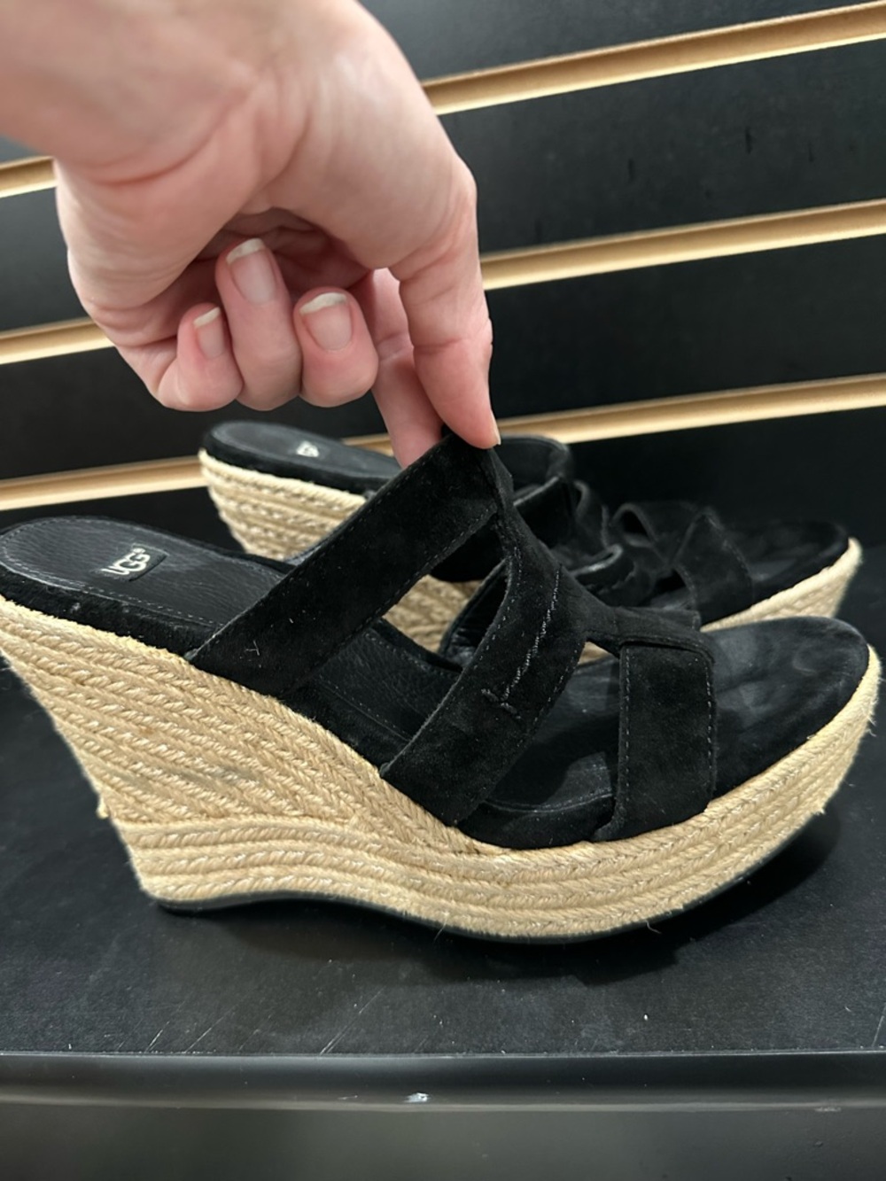 UGG Black Suede Espadrille Wedge Sandals